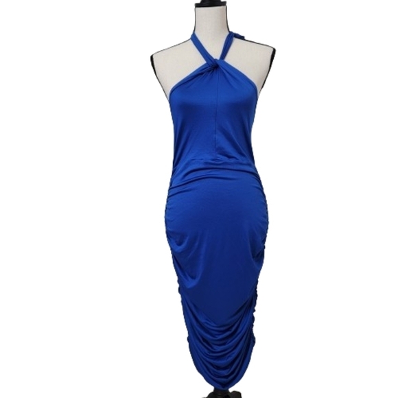 Royal Blue Halter Neck Knot Midi Dress, Ruched Sides, Size L Excellent Used Cond - Picture 1 of 10